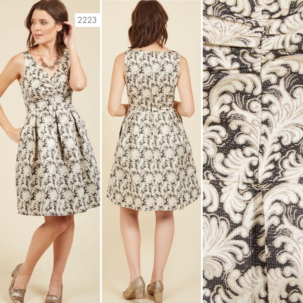 Black & Ivory Shimmery A-line Dress w/ POCKETS, S